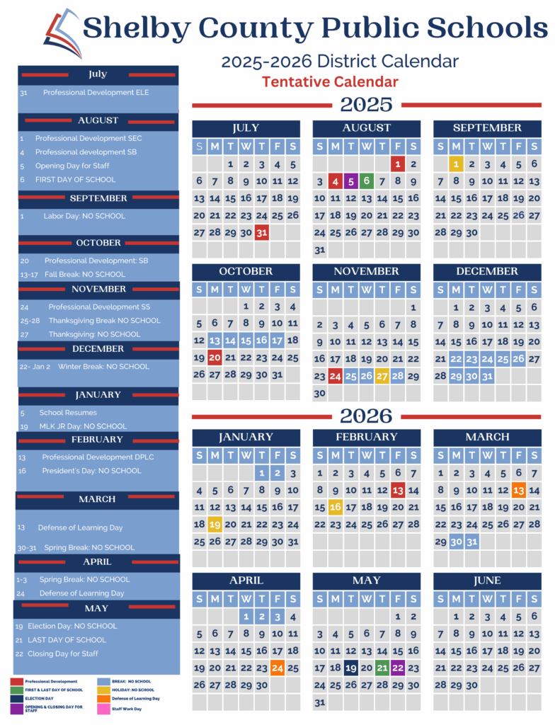2025 2026 Calendar upcoming Shelby County Public Schools