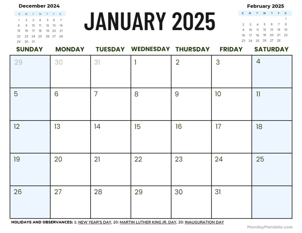 2025 January Calendar With Holidays Printable Free Calendar List Of 