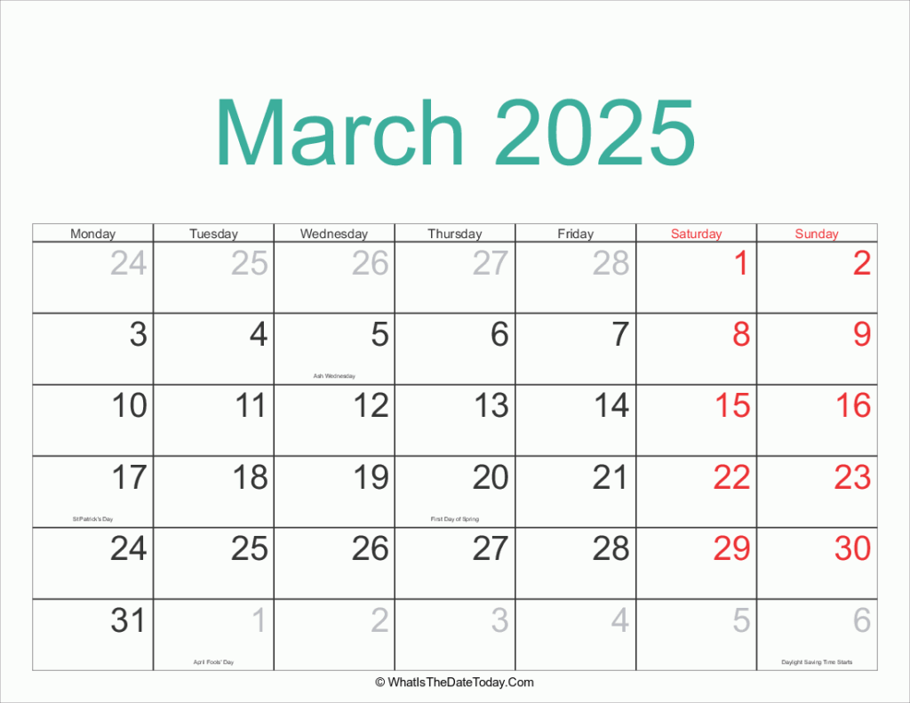2025 March Calendar With Holidays Printable Full Year Template 