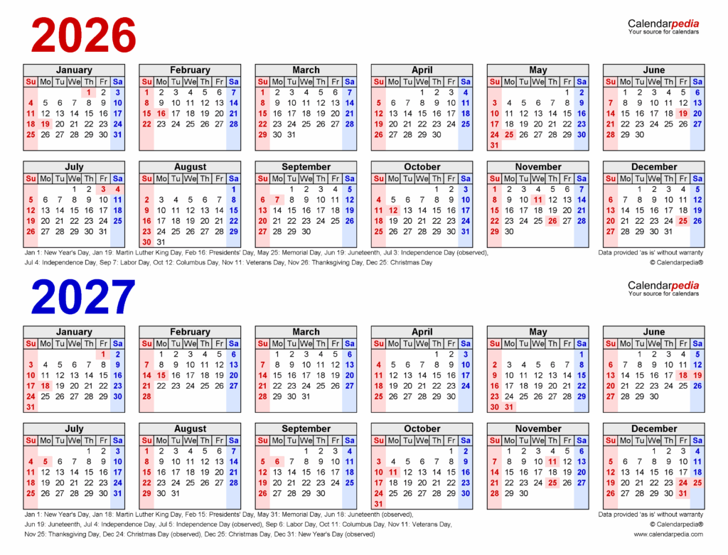 2026 2027 Two Year Calendar Free Printable PDF Templates