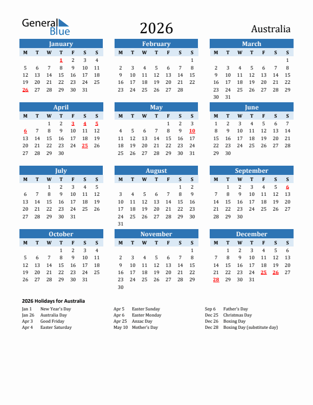 2026 Australia Calendar With Holidays