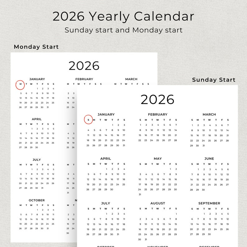 2026 Calendar 2026 Yearly Calendar Printable 2026 Wall Calendar 2026 