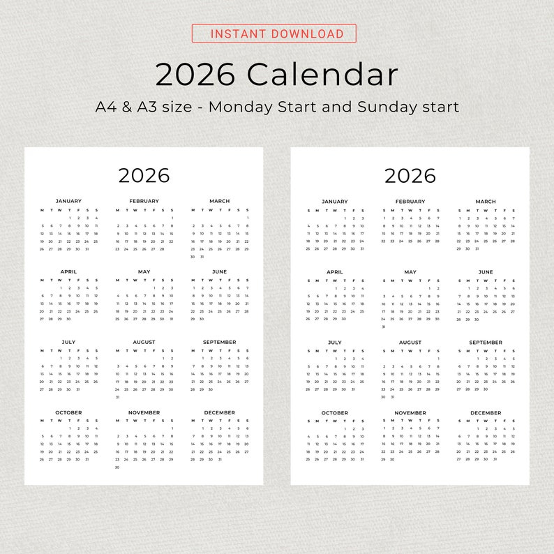 2026 Calendar 2026 Yearly Calendar Printable 2026 Wall Calendar 2026 