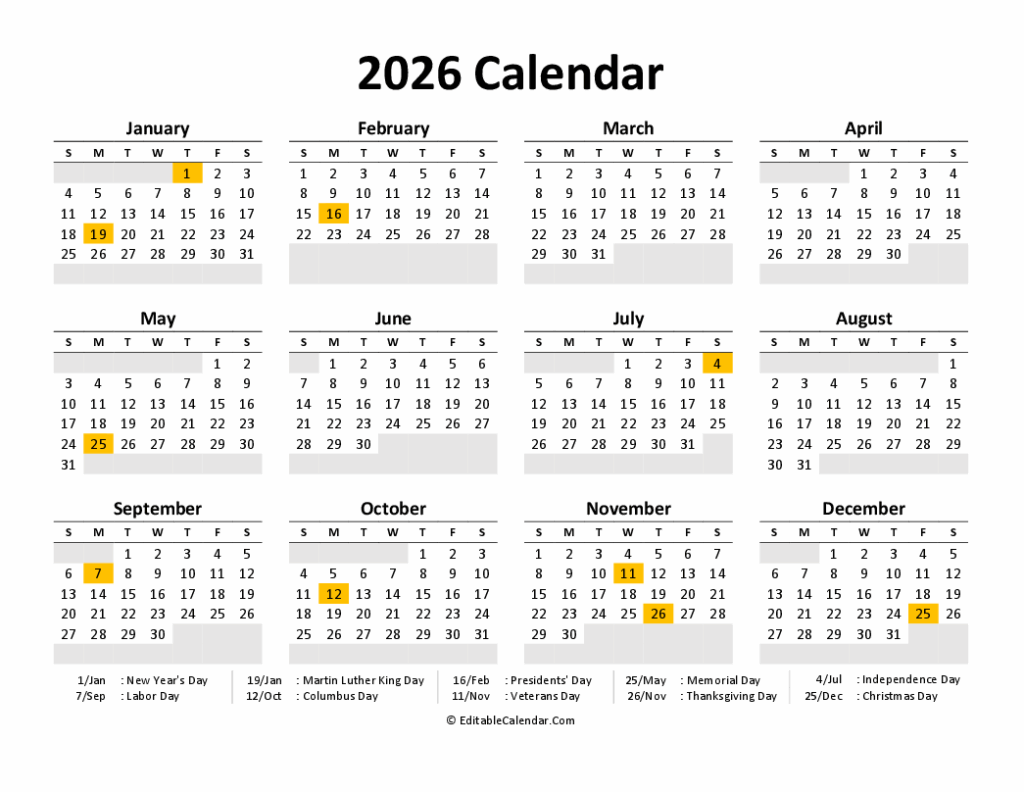 2026 Calendar With Holidays Printable Free Pdf Download Nelie Joceline