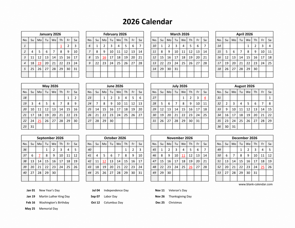 2026 Calendar With Holidays Printable Pdf Todd M Anderson