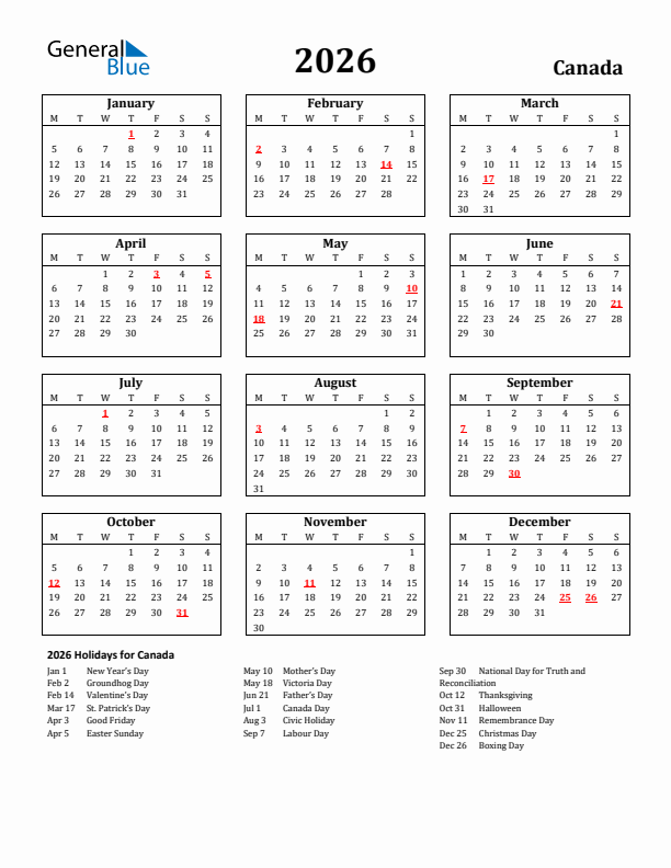 2026 Canada Calendar With Holidays