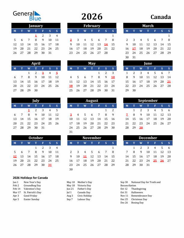 2026 Canada Calendar With Holidays