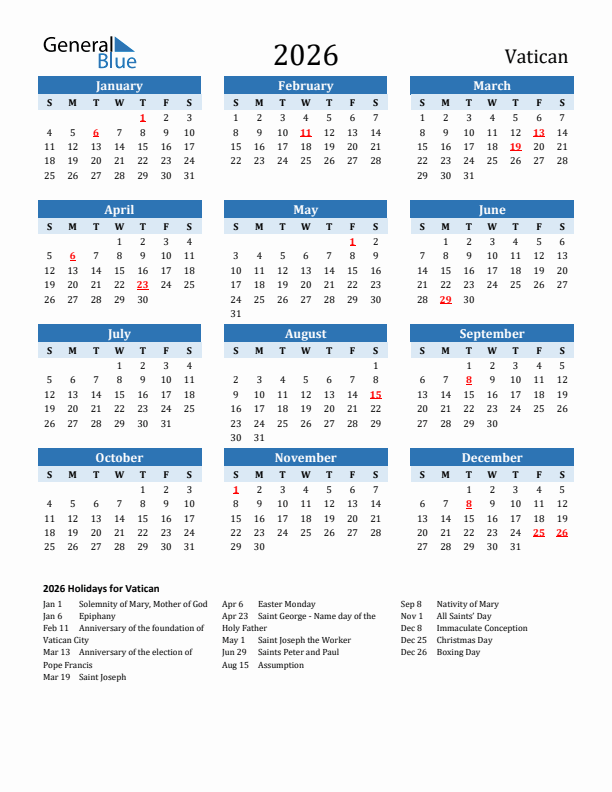 2026 Printable Calendar With Vatican Holidays