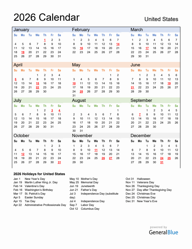 2026 United States Calendar With Holidays