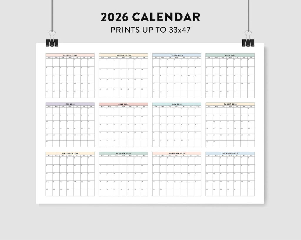 2026 Wall Calendar 2026 Large Printable Calendar 2026 Pastel Calendar 