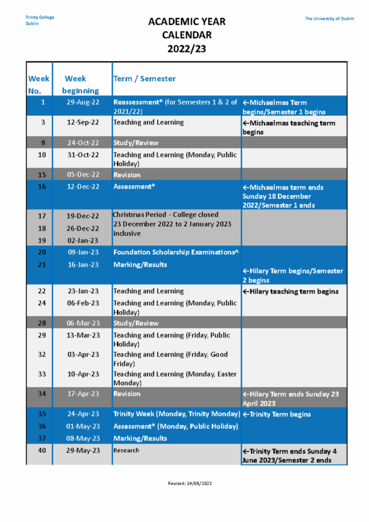 Academic Calender 2022 23 Trinity College Dublin ACADEMIC YEAR 