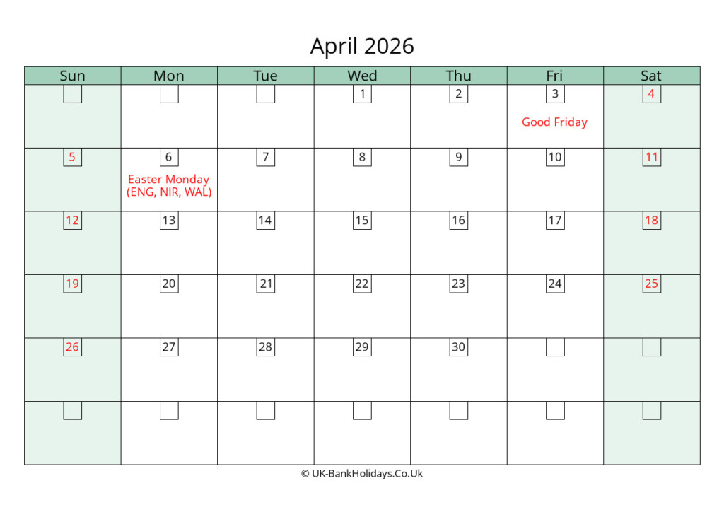April 2026 Calendar Printable With Bank Holidays UK