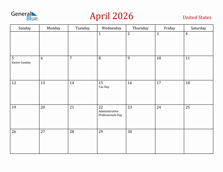 April 2026 United States Monthly Calendar With Holidays