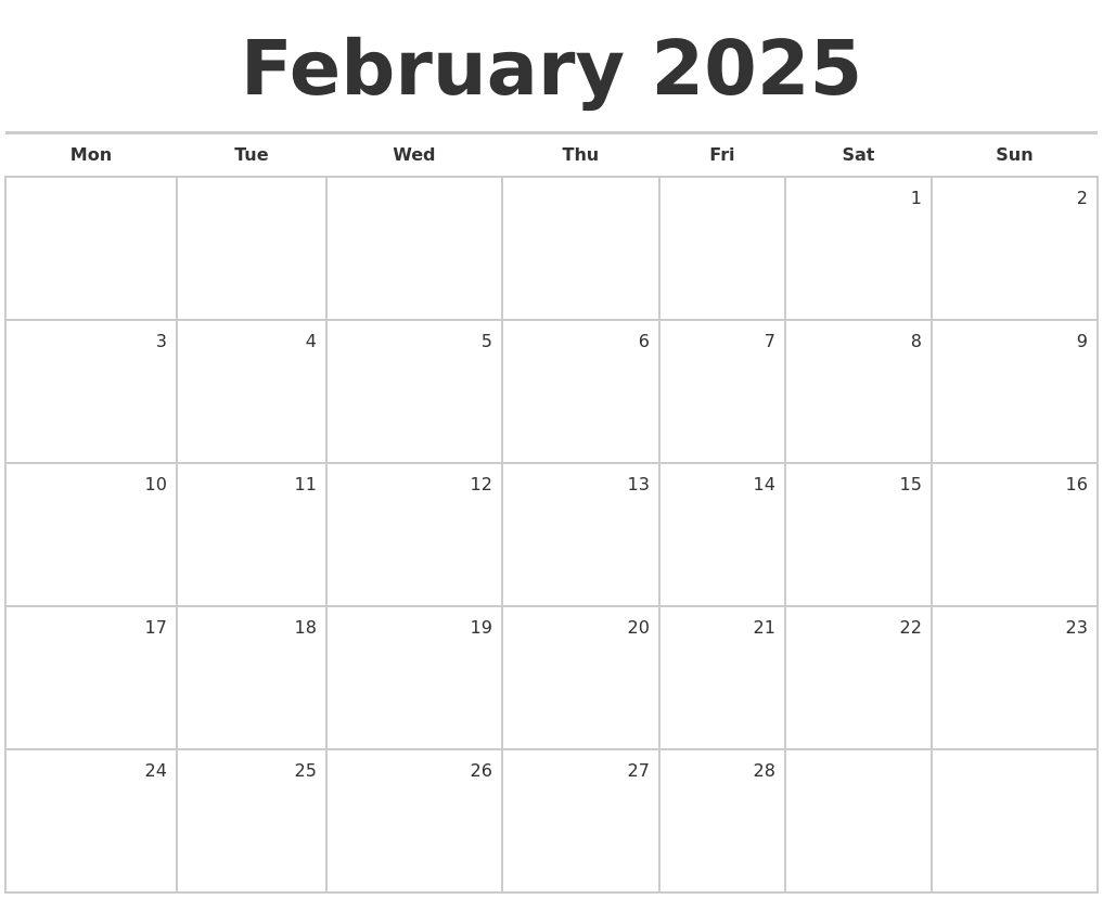 Blank Monthly Calendar Printable February 2025 Pdf Jasmine H Maclurcan