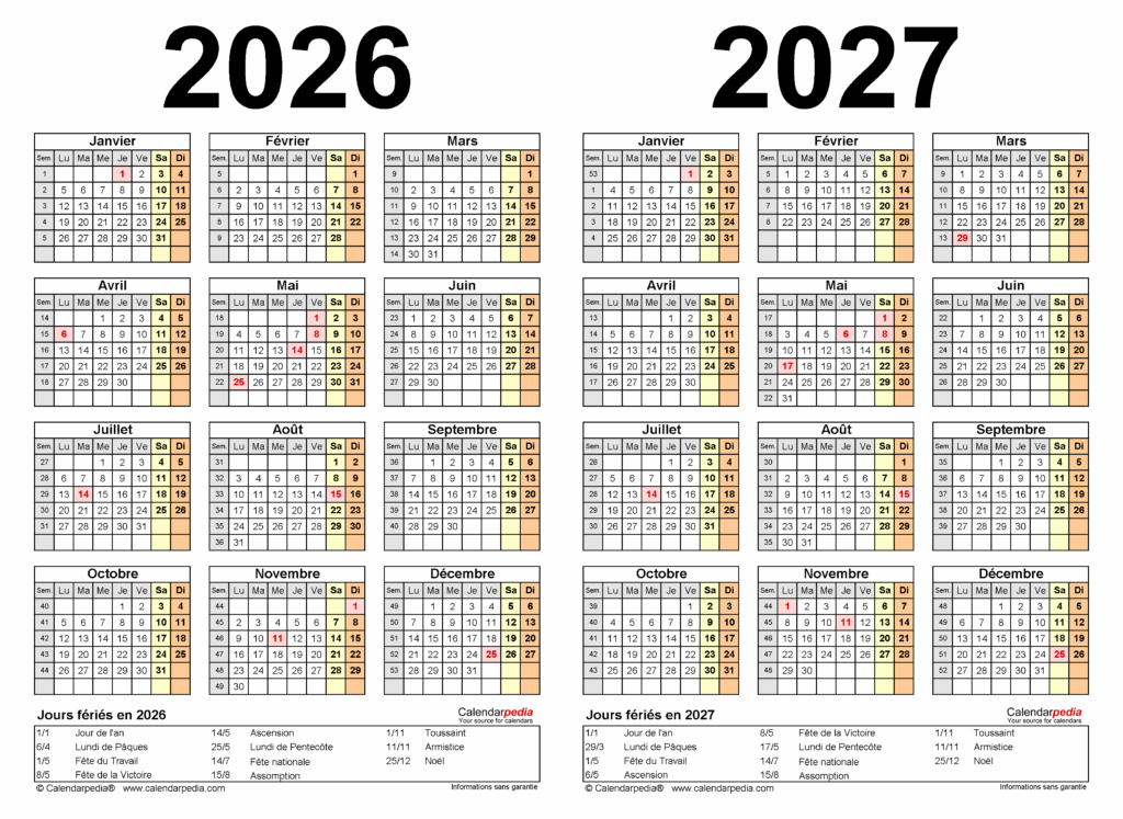 Calendrier 2026 Et 2027 PDF Excel Et Word Calendarpedia