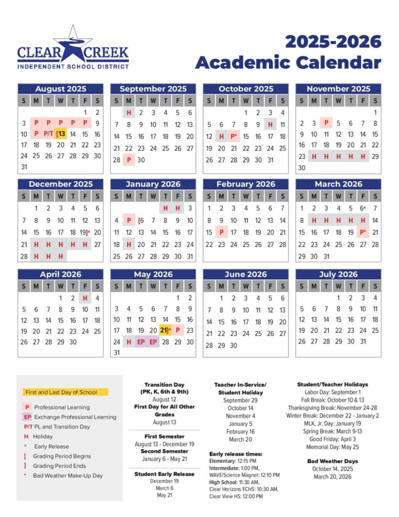 CCISD Calendar 2025 2026 Clear Creek Independent School District 