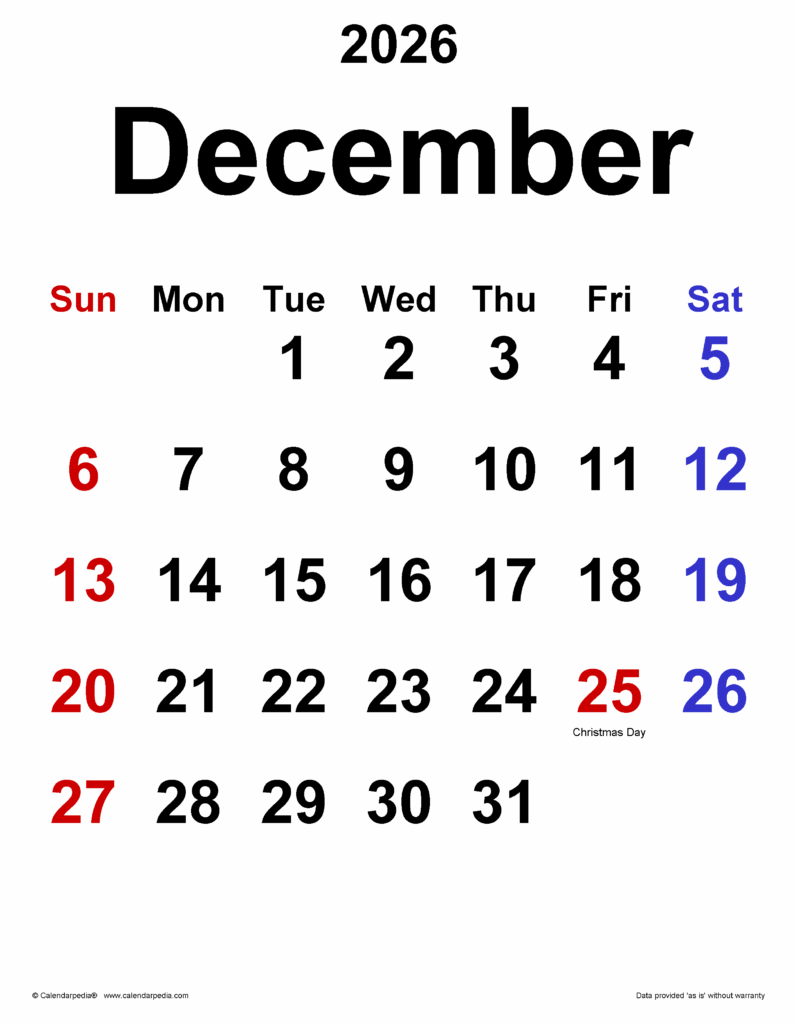 December 2026 Calendar Templates For PDF Excel And Word
