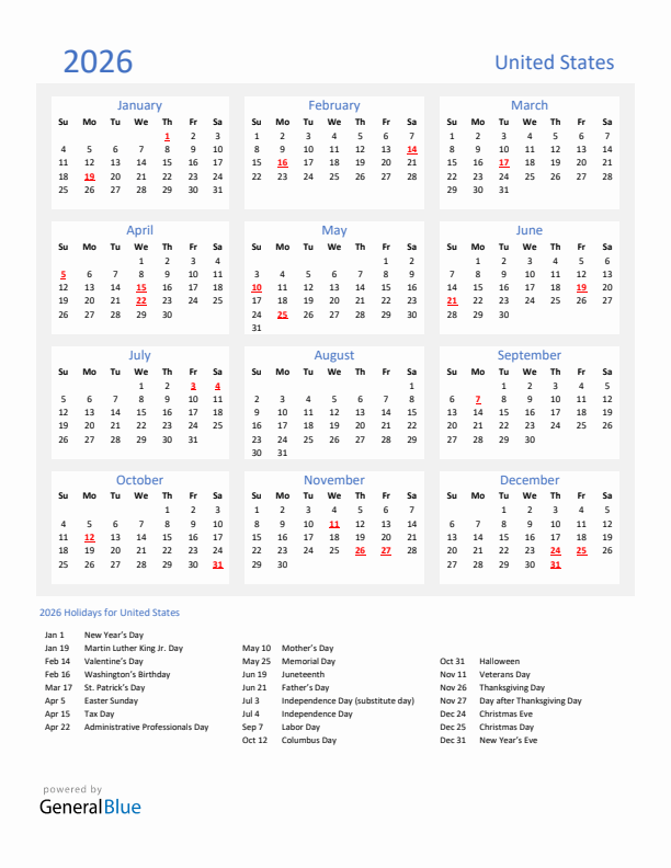 Free Printable 2026 United States Holiday Calendar