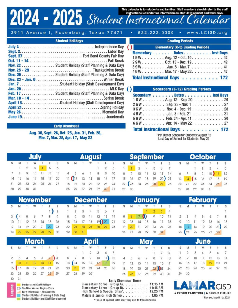 Lamar Consolidated Independent School District Calendar 2024 2025