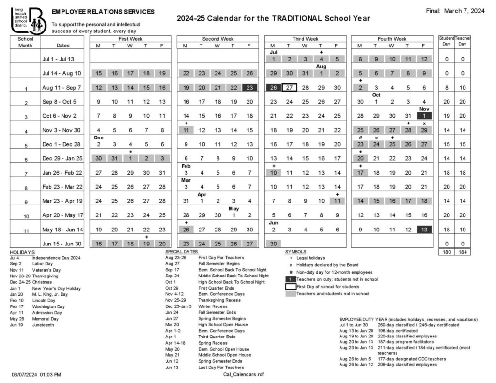 Long Beach Unified School District Calendar 2024 2025