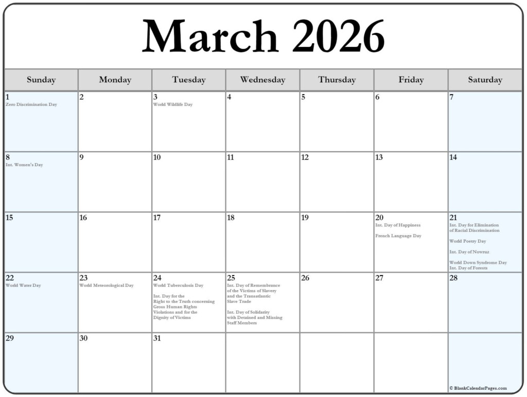 March 2026 With Holidays Calendar