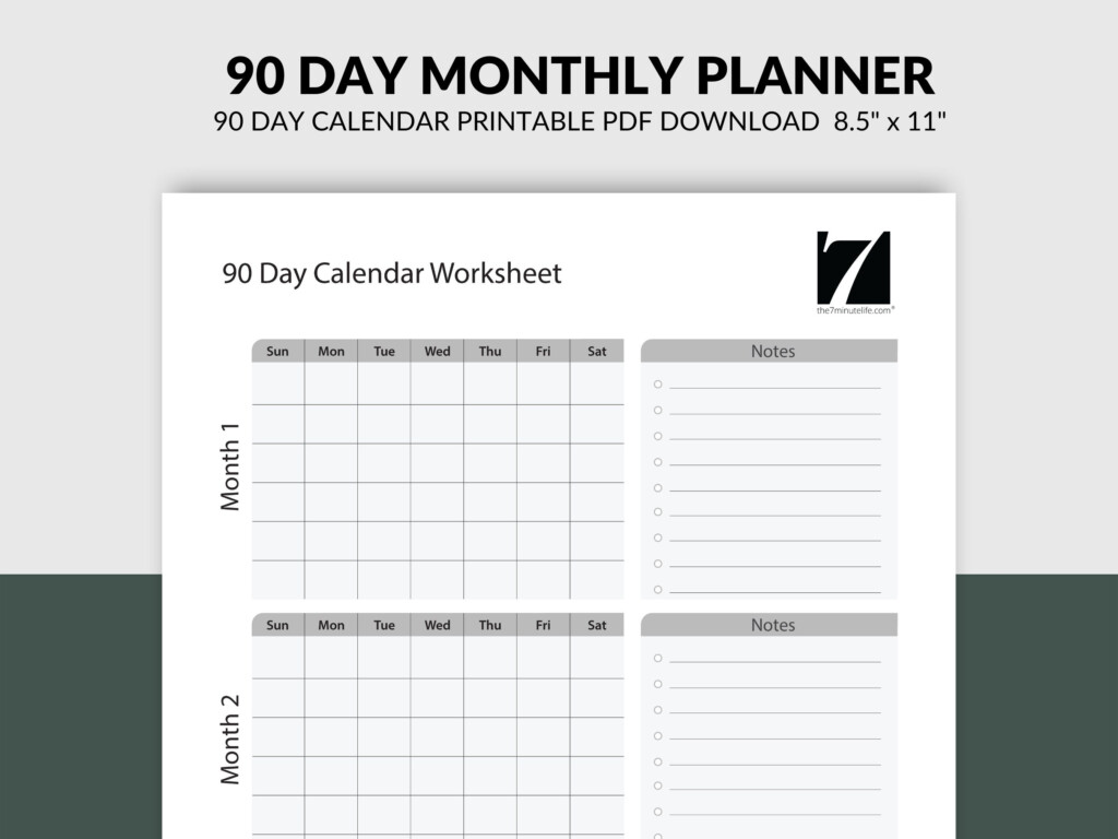 Monthly Planner Printable 90 Day Calendar Undated Month At A Glance 