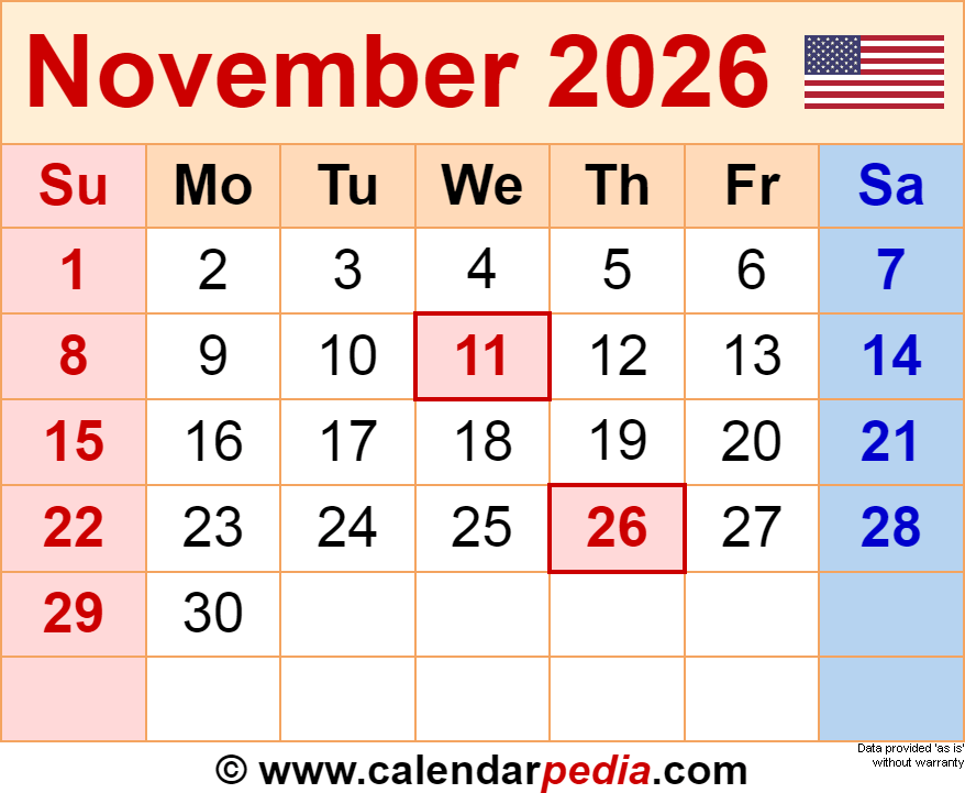 November 2026 Calendar Templates For PDF Excel And Word