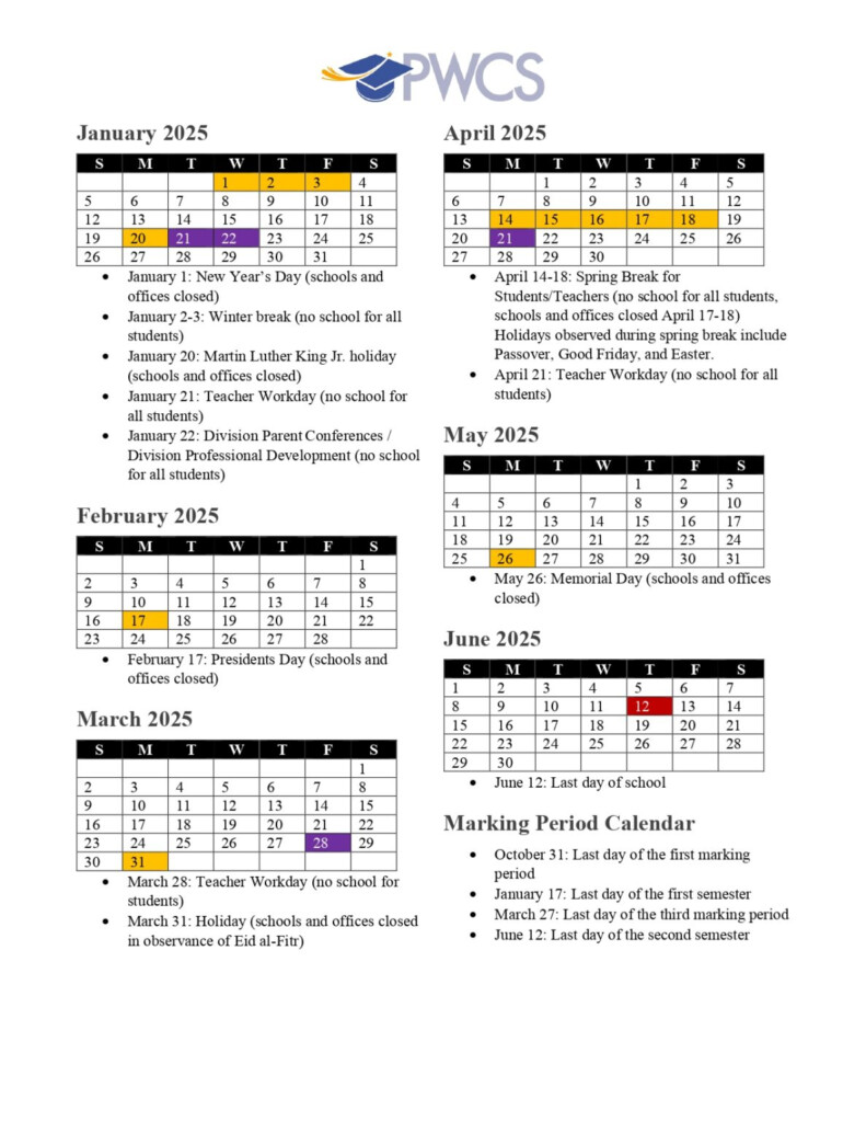 Prince William County Public Schools Calendar 2024 2025 PDF 